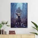 Jesus Running Toward A Lost Lamb In A Dark Rainy Forest Wall Art Canvas Canvas Print