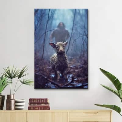 Jesus Running Toward A Lost Lamb In A Dark Rainy Forest Wall Art Canvas Canvas Print