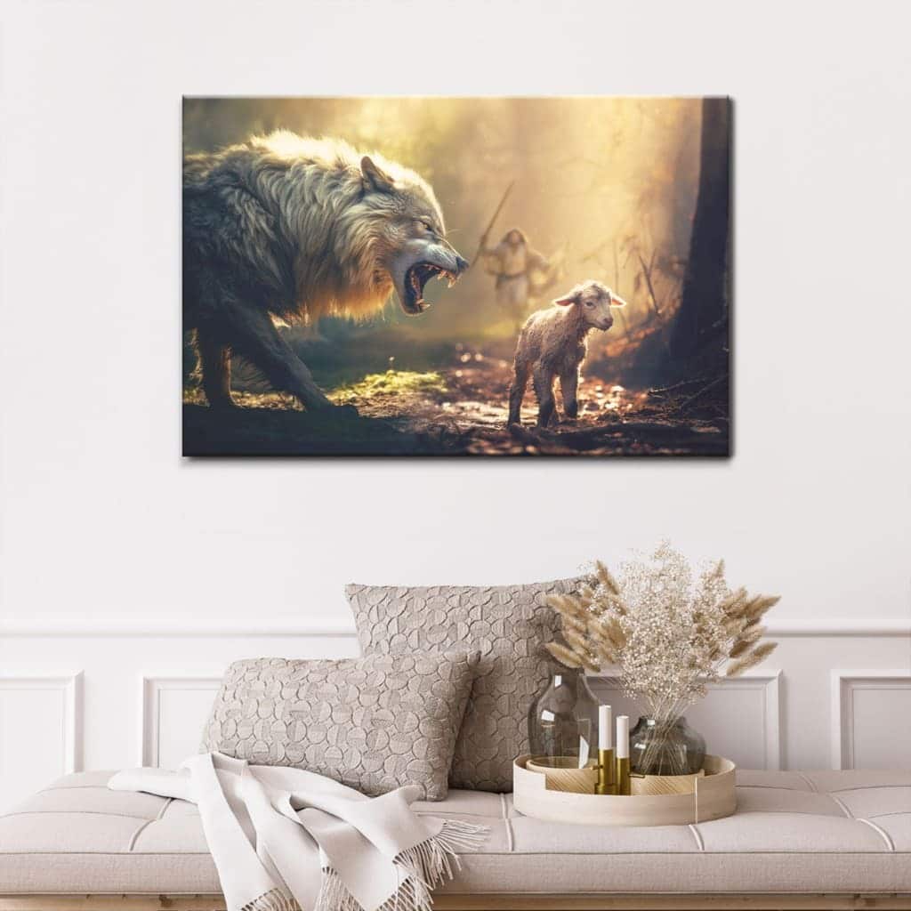 Jesus Running Towards Wolf And Lamb Canvas Wall Art