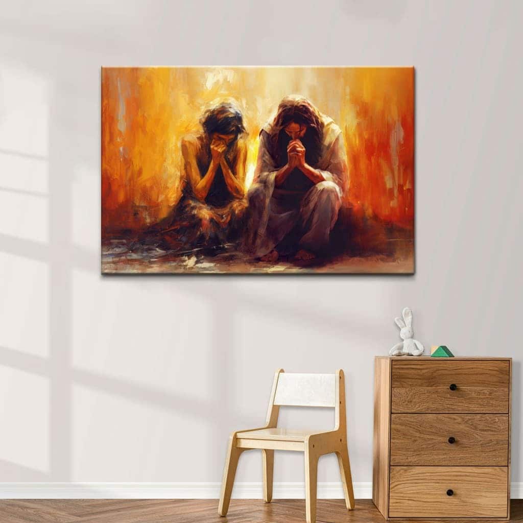 Women And Jesus Praying Gift For Christians Canvas Wall Art