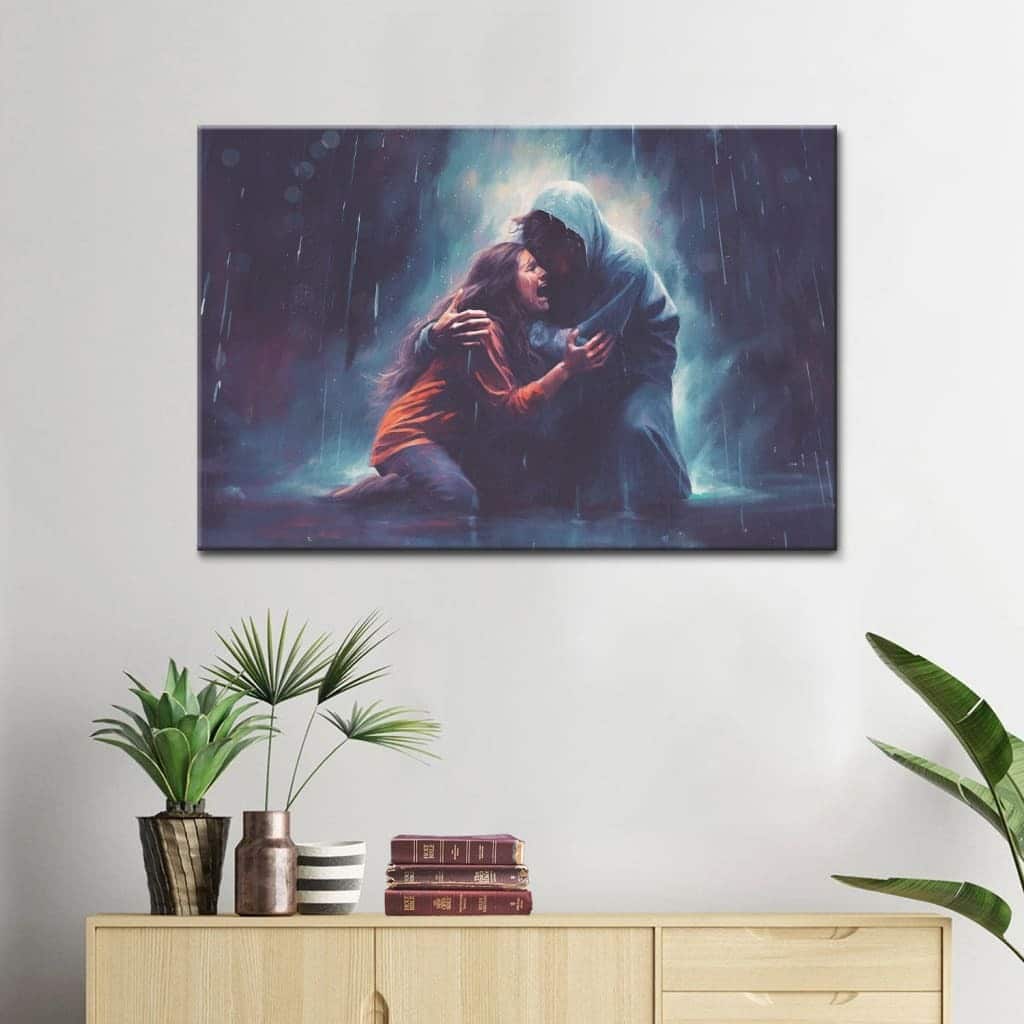 Christian Art Jesus Holds A Woman In The Storm Canvas Wall Art
