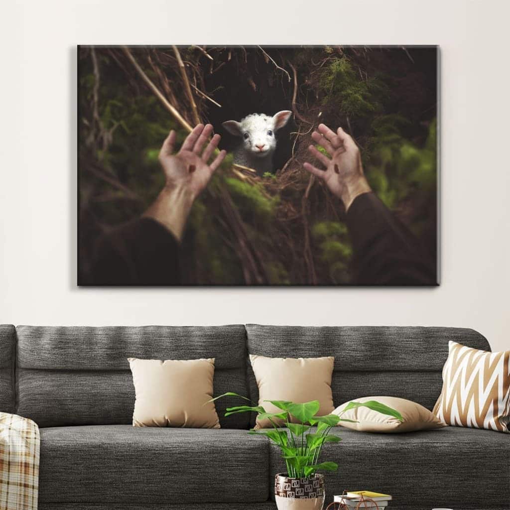 Jesus' Hand Reaching Out To Rescue A Lamb Canvas Wall Art