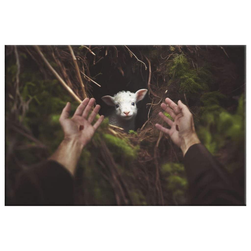Jesus' Hand Reaching Out To Rescue A Lamb Canvas Wall Art