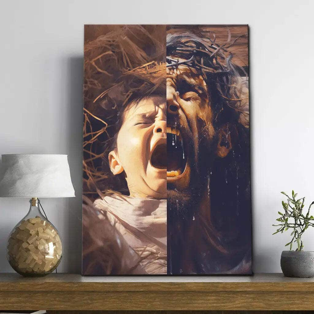 Jesus As A Baby And On The Cross Christmas Religious Canvas Print