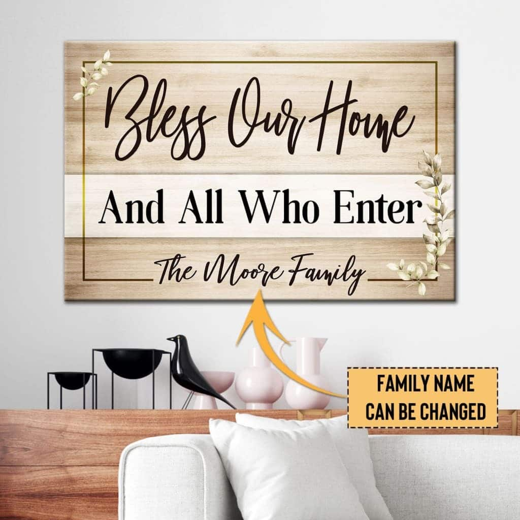 'Bless Our Home' Christian With Custom Family Name Canvas Wall Art