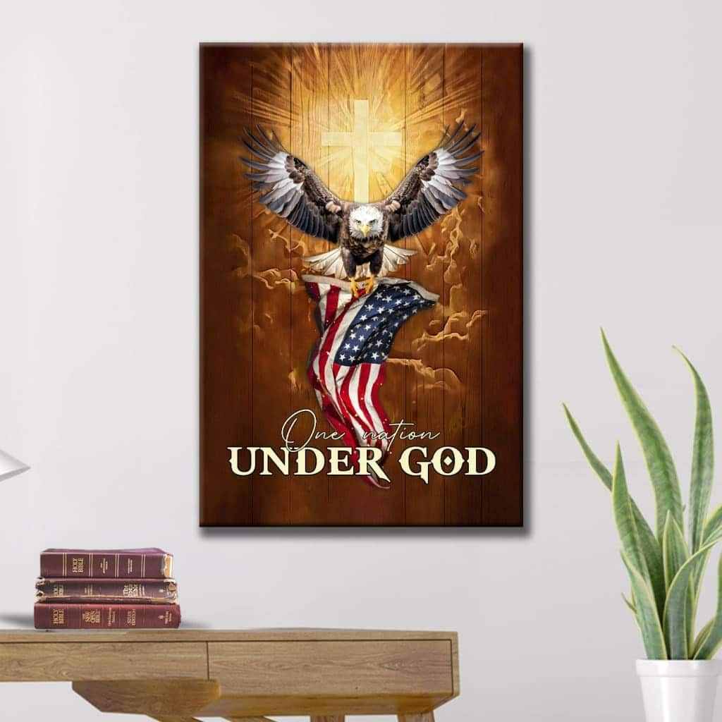 One Nation Under God Bald Eagle With American Flag Canvas Print