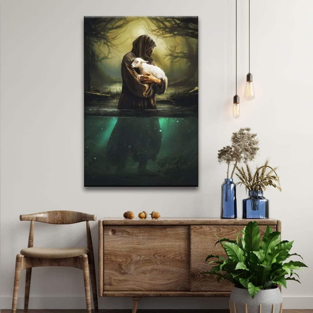 Jesus As Shepherd Carrying Lamb Through The Waters Christian Canvas Print Jesus As Shepherd Carrying Lamb Through The Waters Christian Canvas Print