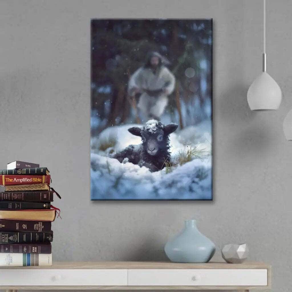 Jesus Running To Rescue A Lost Sheep In A Snowy Forest Christian Canvas Print Jesus Running To Rescue A Lost Sheep In A Snowy Forest Christian Canvas Print