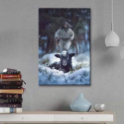 Jesus Running To Rescue A Lost Sheep In A Snowy Forest Christian Canvas Print
