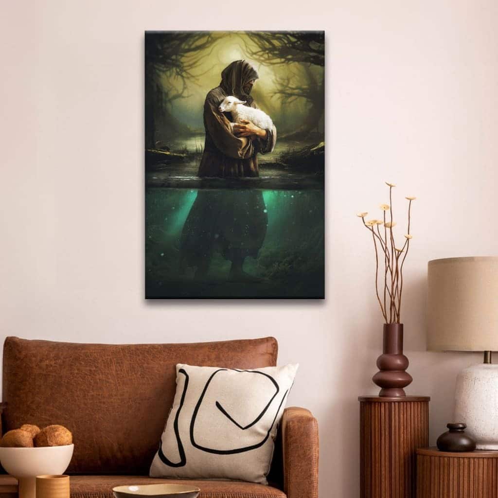 Jesus As Shepherd Carrying Lamb Through The Waters Christian Canvas Print Jesus As Shepherd Carrying Lamb Through The Waters Christian Canvas Print
