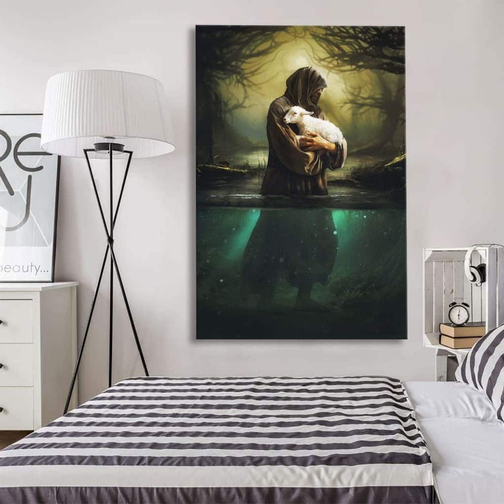 Jesus As Shepherd Carrying Lamb Through The Waters Christian Canvas Print Jesus As Shepherd Carrying Lamb Through The Waters Christian Canvas Print