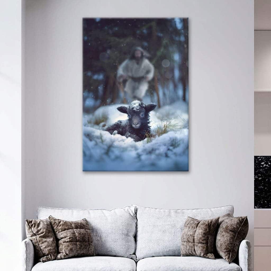 Jesus Running To Rescue A Lost Sheep In A Snowy Forest Christian Canvas Print Jesus Running To Rescue A Lost Sheep In A Snowy Forest Christian Canvas Print