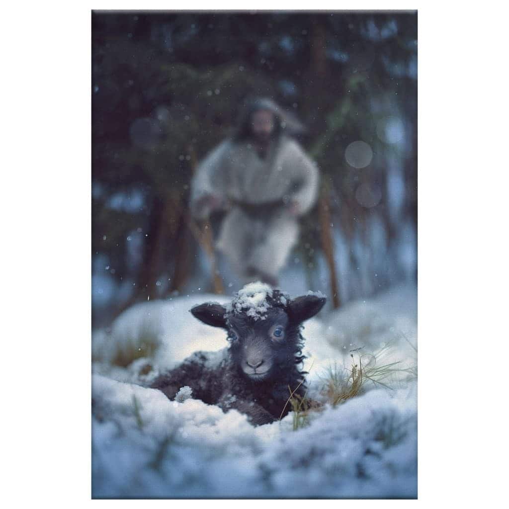 Jesus Running To Rescue A Lost Sheep In A Snowy Forest Christian Canvas Print Jesus Running To Rescue A Lost Sheep In A Snowy Forest Christian Canvas Print