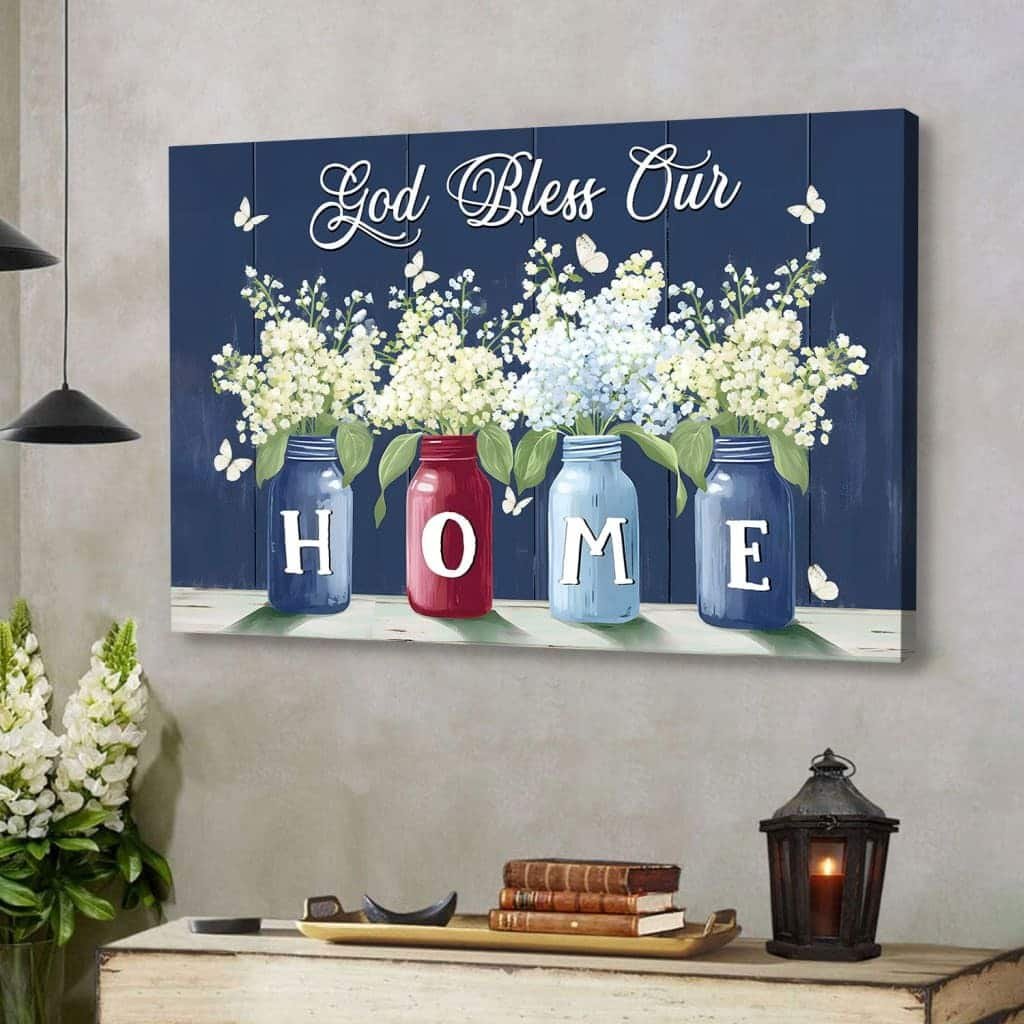 God Bless Our Home Butterflies And Flowers In Vases Canvas Wall Art