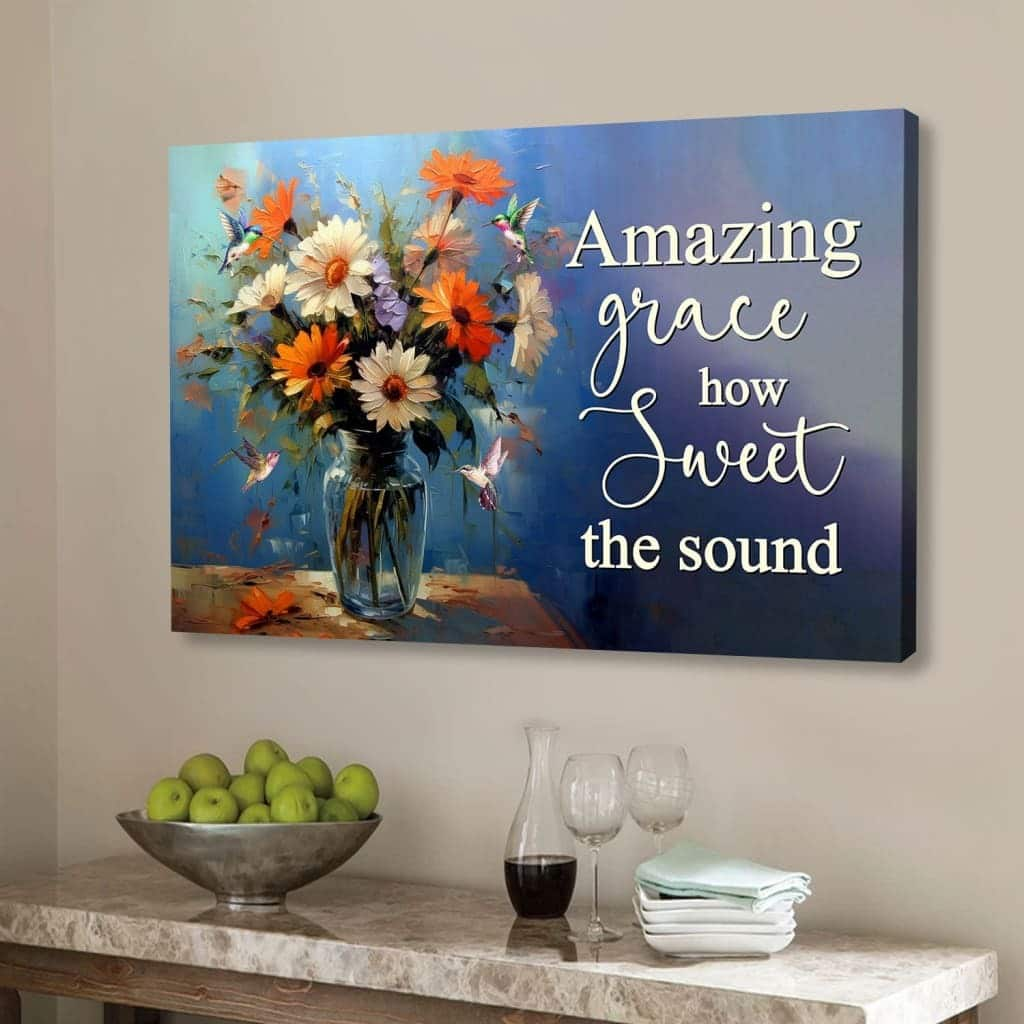 Amazing Grace How Sweet The Sound, Hummingbirds, Flower Vase Canvas Wall Art