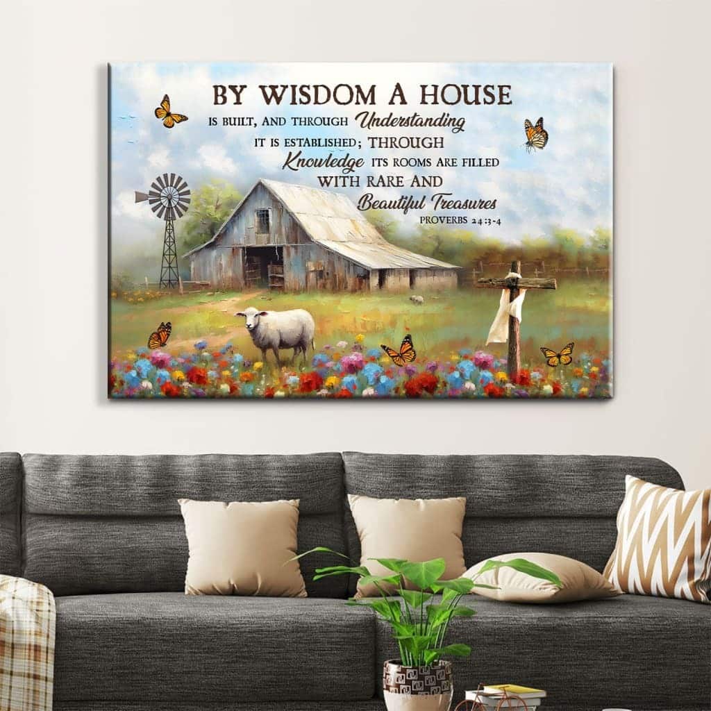 Proverbs 24:3-4 By Wisdom A House Is Built Old Barn Sheep Canvas Wall Art Proverbs 24:3-4 By Wisdom A House Is Built Old Barn Sheep Canvas Wall Art