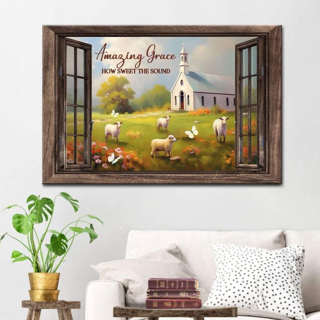 Amazing Grace How Sweet The Sound Sheep Church In Field Canvas Wall Art Amazing Grace How Sweet The Sound Sheep Church In Field Canvas Wall Art
