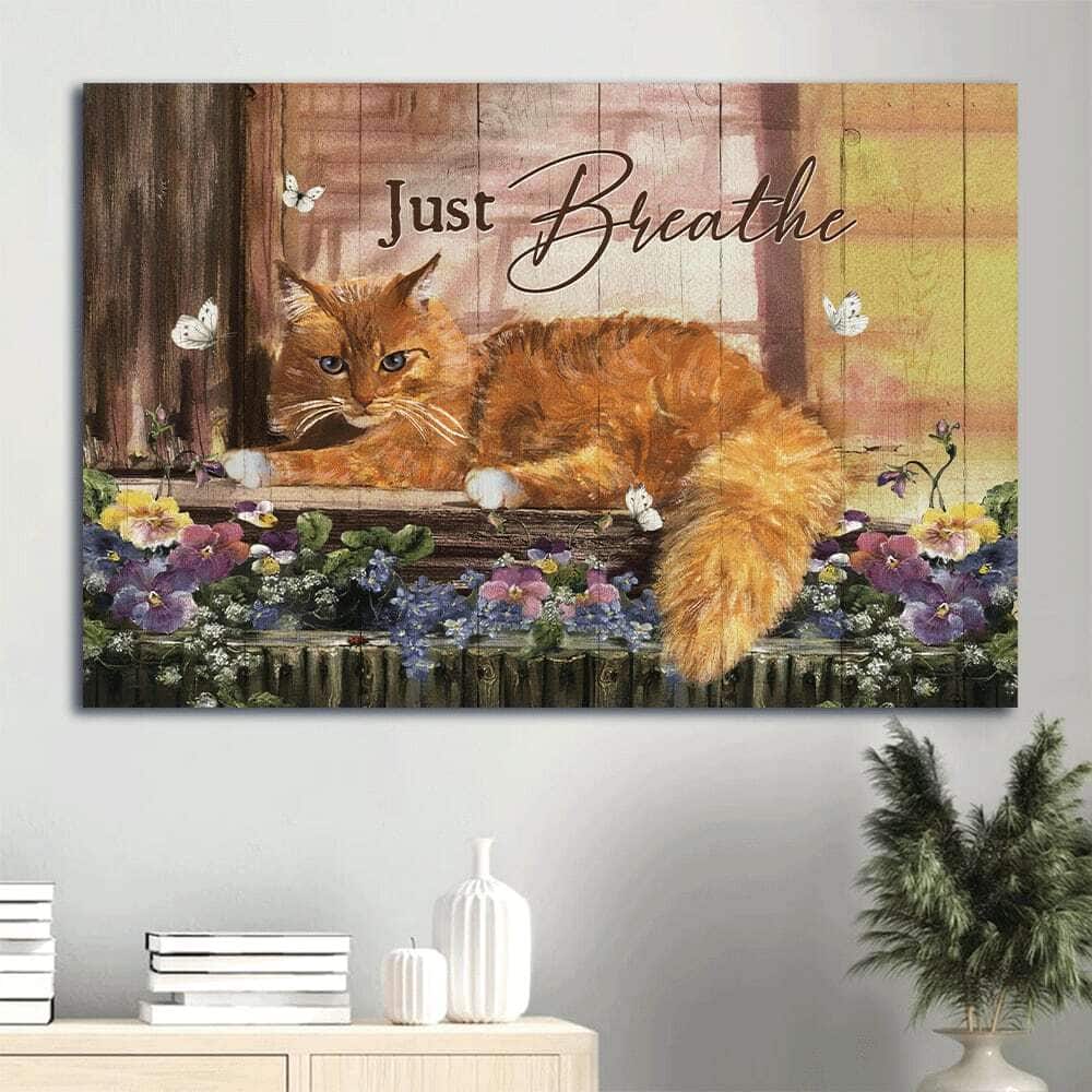 Cute Cat Purple Flower White Butterfly Just Breathe Canvas Wall Art Cute Cat Purple Flower White Butterfly Just Breathe Canvas Wall Art