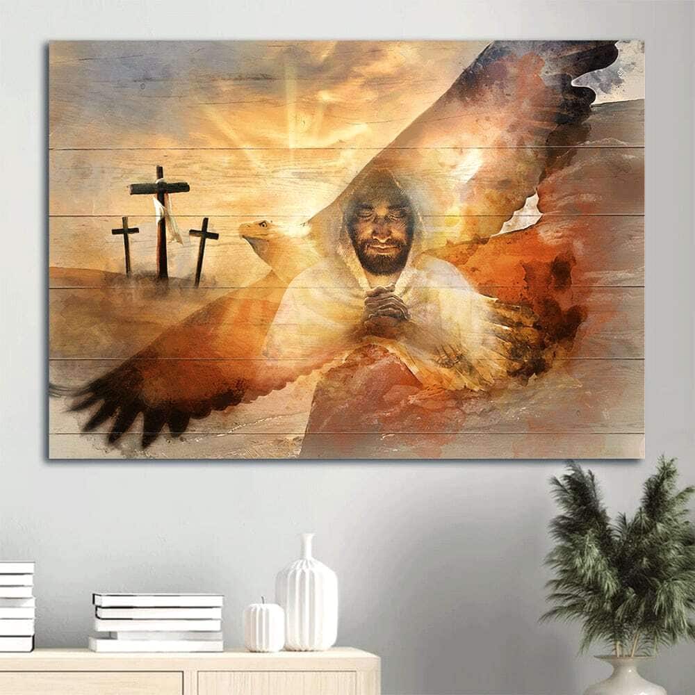 Bald Eagle Three Wooden Crosses The Lord's Prayer Canvas Wall Art Bald Eagle Three Wooden Crosses The Lord's Prayer Canvas Wall Art