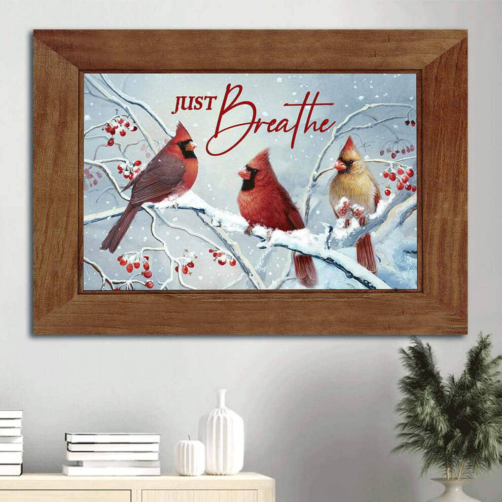 Beautiful Cardinal White Snow Red Cranberry Just Breathe Canvas Wall Art