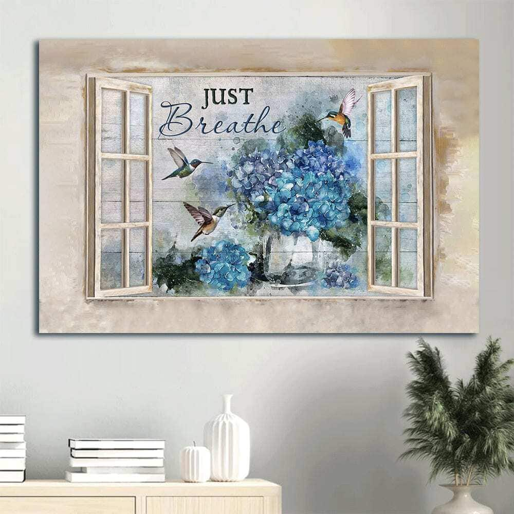 Blue Hydrangea Green Hummingbird Just Breathe Canvas Wall Art