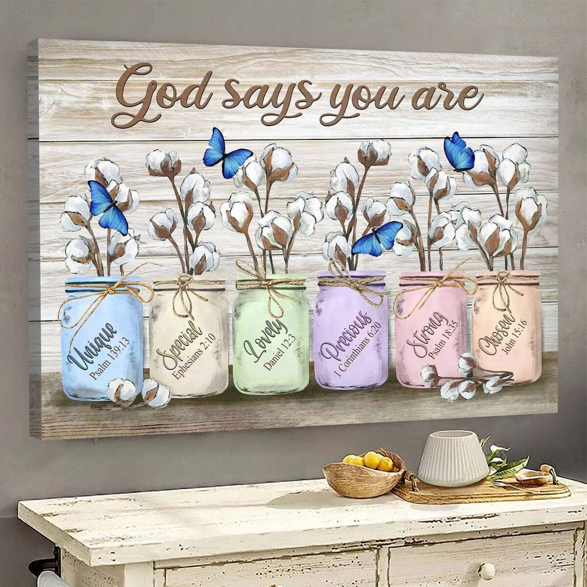 Blue Butterfly Cotton Flower Jar God Says You Are Canvas Wall Art Blue Butterfly Cotton Flower Jar God Says You Are Canvas Wall Art