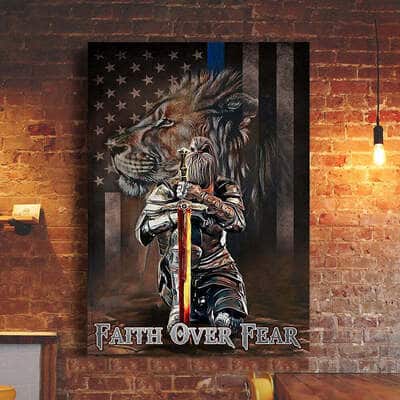 Christian Jesus Faith Over Fear Canvas Print Lion American Flag