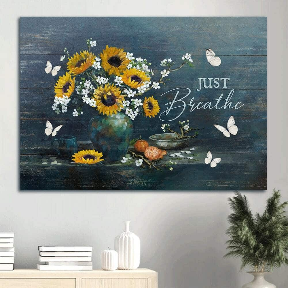 Sunflower Butterfly Just Breathe Canvas Wall Art