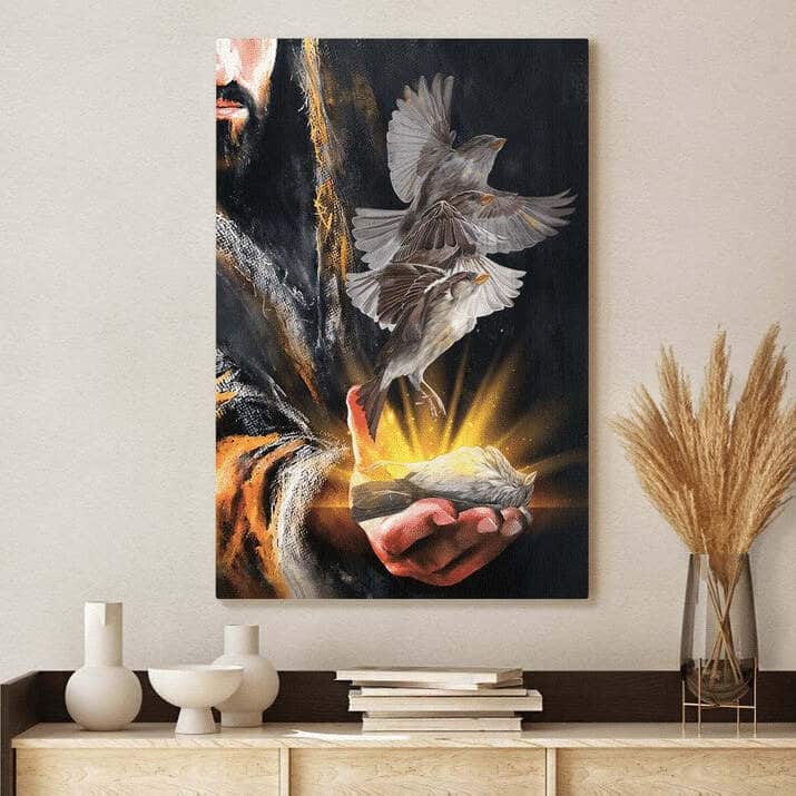 A Bird On His Hand Jesus Canvas Print