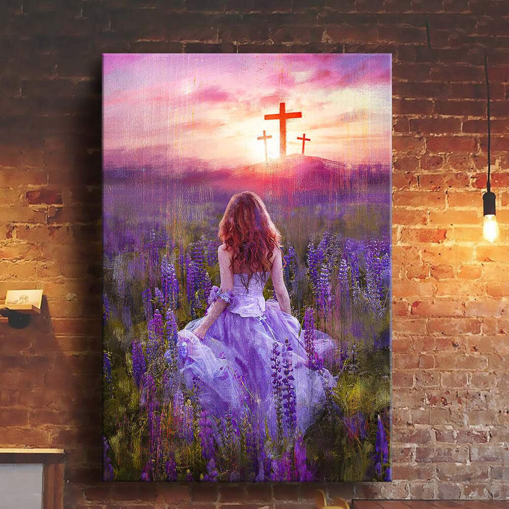 Beautiful Girl In The Lavender Field Cross Canvas Print