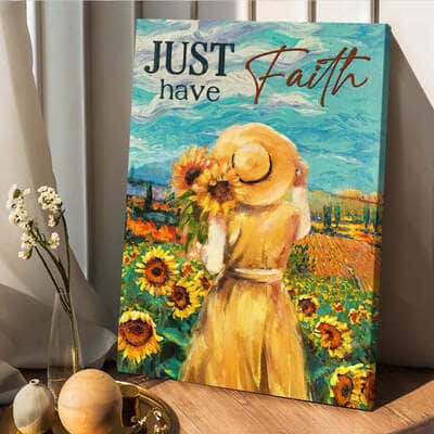 Girl Sunflower Garden Blue Sky Just Have Faith Canvas Print