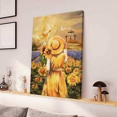 Christian Beautiful Girl Sunflower Field Jesus Hand Cross Canvas Print Christian Beautiful Girl Sunflower Field Jesus Hand Cross Canvas Print