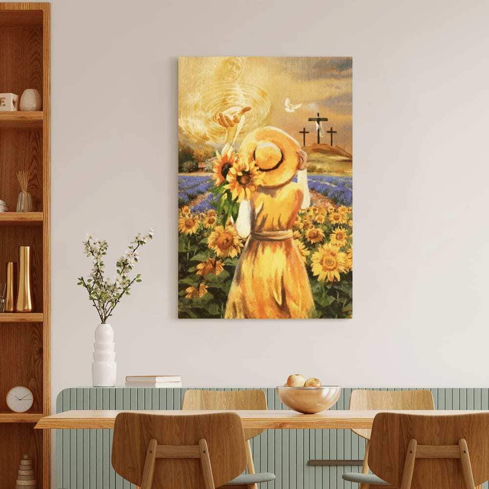 Christian Beautiful Girl Sunflower Field Jesus Hand Cross Canvas Print Christian Beautiful Girl Sunflower Field Jesus Hand Cross Canvas Print