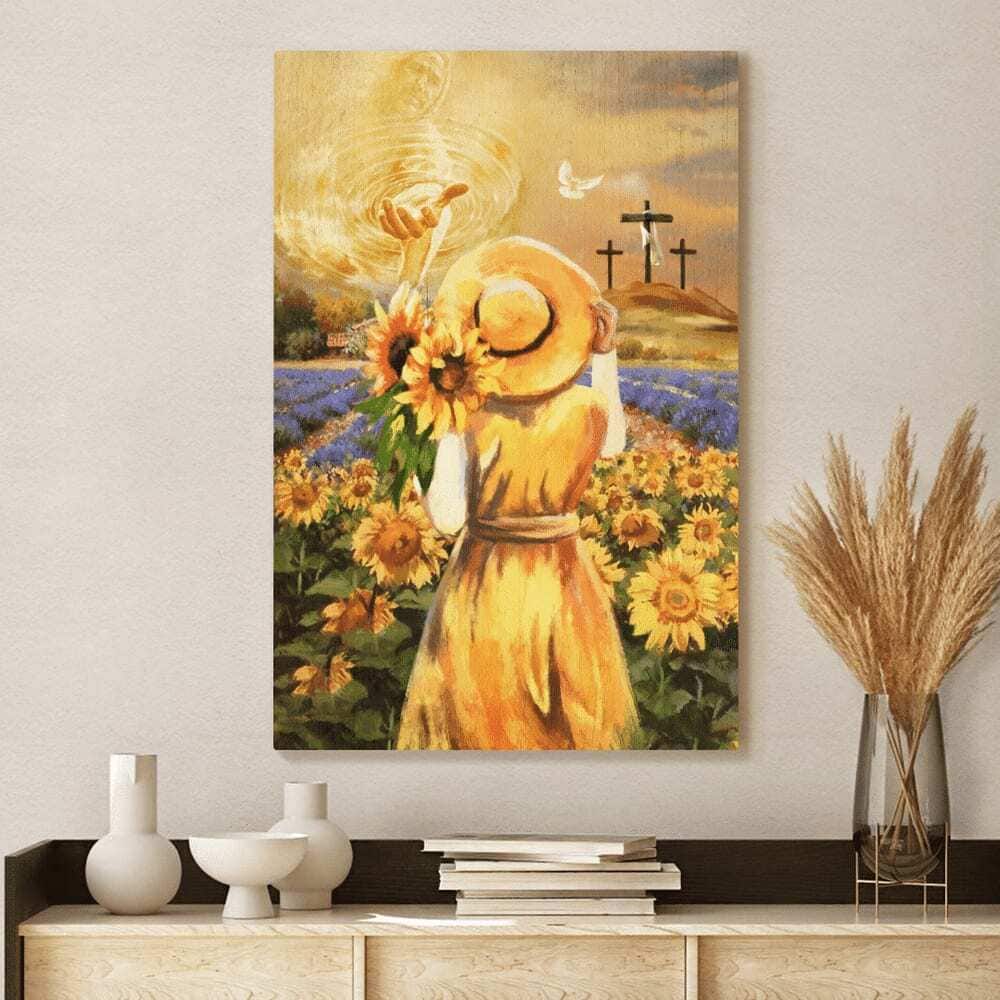 Christian Beautiful Girl Sunflower Field Jesus Hand Cross Canvas Print Christian Beautiful Girl Sunflower Field Jesus Hand Cross Canvas Print
