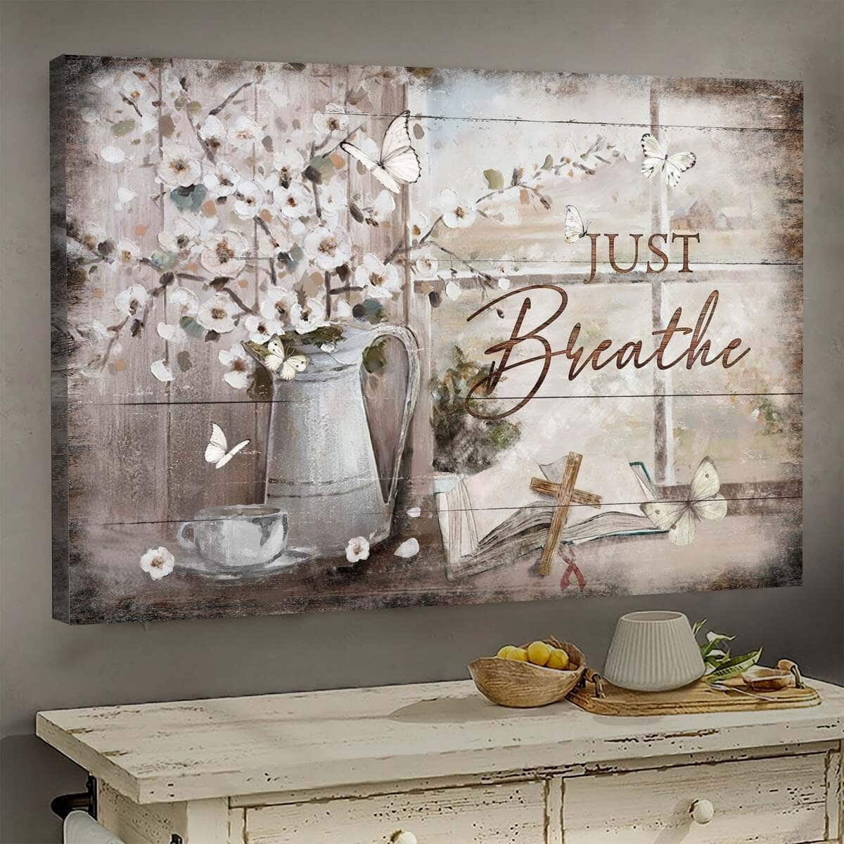 Vintage Christian Just Breathe Butterflies Canvas Wall Art