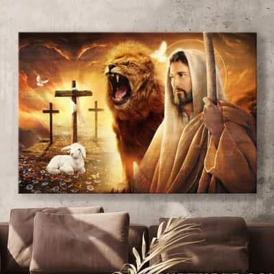 Christian Jesus Lion And Lamb Heaven's Light Canvas Wall Art