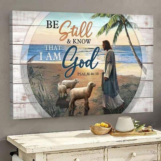 Christian Jesus Lambs On The Peaceful Beach Be Still And Know That I Am God Canvas Wall Art