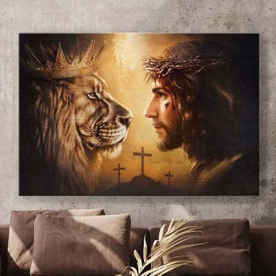 Christian Jesus Lion Of Judah Cross Canvas Wall Art