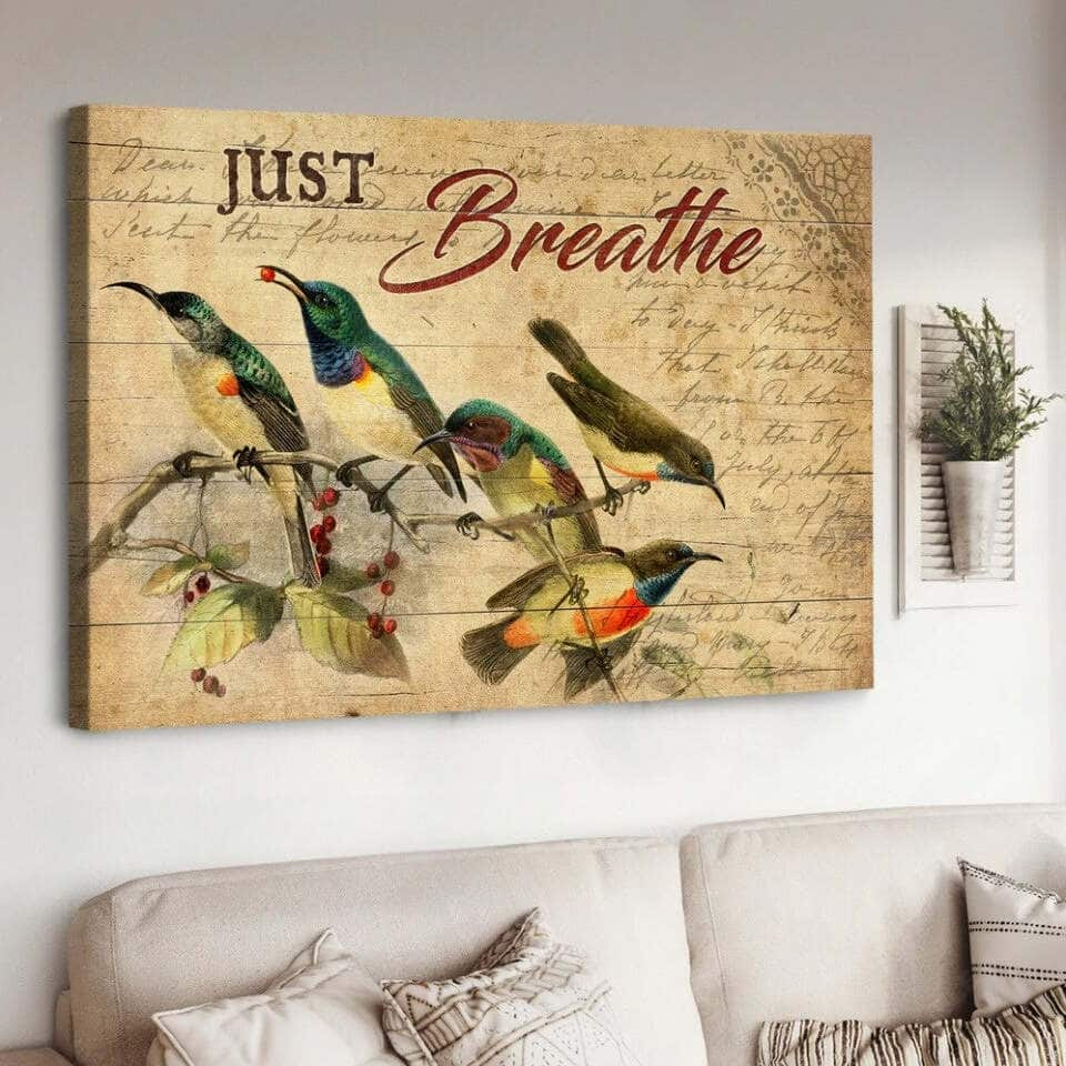 Christian Canvas Wall Art Cranberry Tree Hummingbird Just Breathe