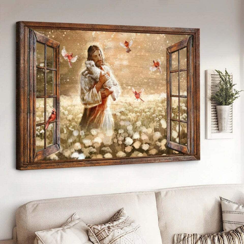 Christian Canvas Wall Art Dandelion Field Jesus Holding Lamb Cardinal Christian Canvas Wall Art Dandelion Field Jesus Holding Lamb Cardinal