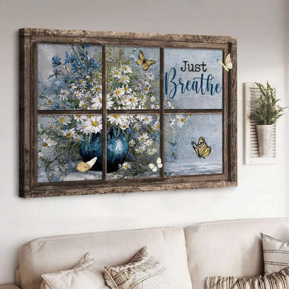 Christian Canvas Wall Art Daisy Vase Just Breathe