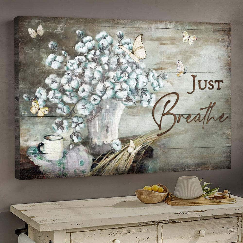 Christian Canvas Wall Art Flower White Butterfly Jesus Just Breathe