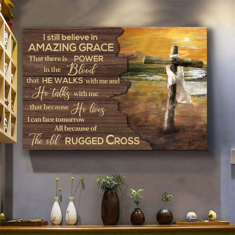 Sunset On The Beach Cross I Still Believe In Amazing Grace Canvas Wall Art