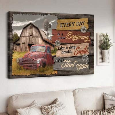 Old Car Wooden Barn Windmill Every Day Is A New Beginning Canvas Wall Art