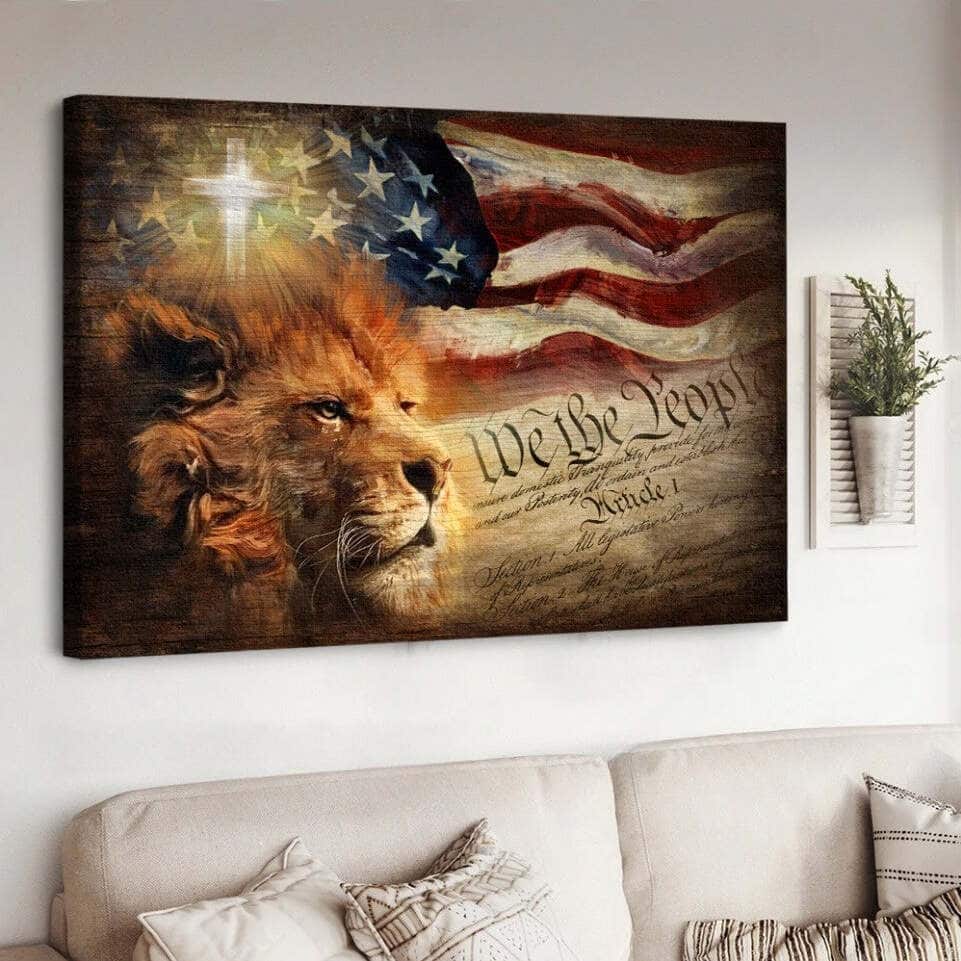 Christian Lion American Flag Cross Canvas Wall Art