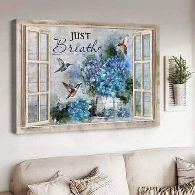 Blue Hydrangea Hummingbird Just Breathe Canvas Wall Art