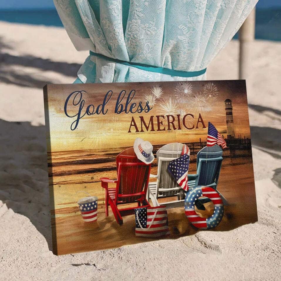 Beach Chairs God Bless America Canvas Wall Art