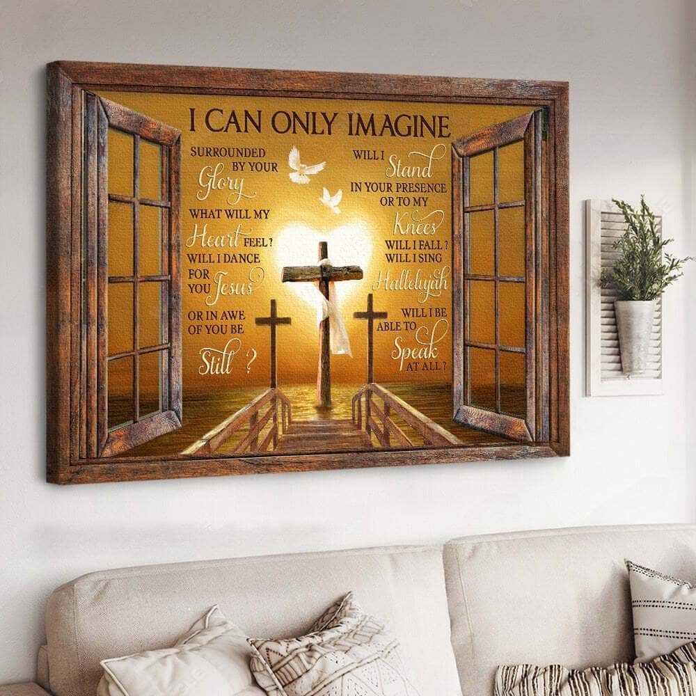 Christian I Can Only Imagine Canvas Wall Art Wooden Cross Golden Heart
