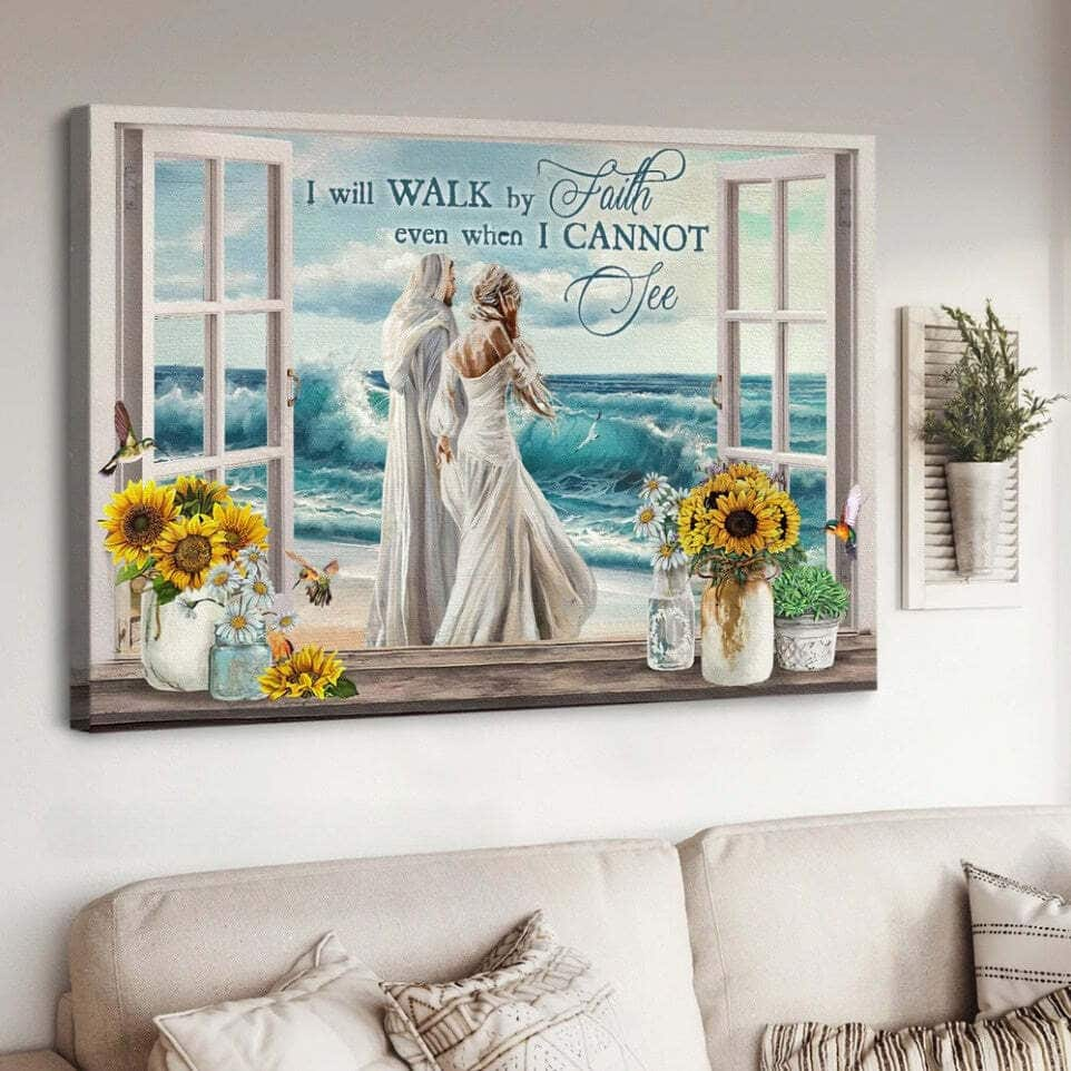 Christian Canvas Wall Art Woman & Jesus Ocean Wave I Will Walk By Faith