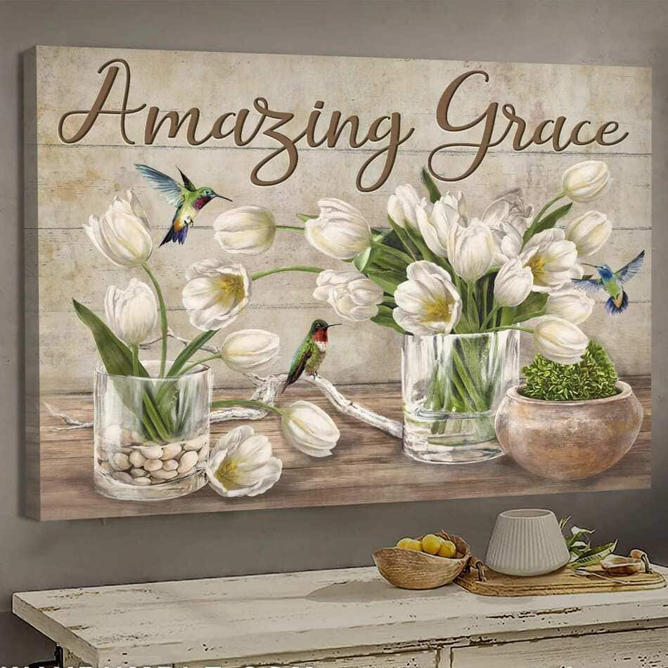 Christian Canvas Wall Art White Tulip Hummingbird Jesus Amazing Grace